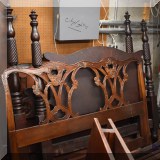 F45. Mahogany queen bed with carved headboard and four-post queen bed. 